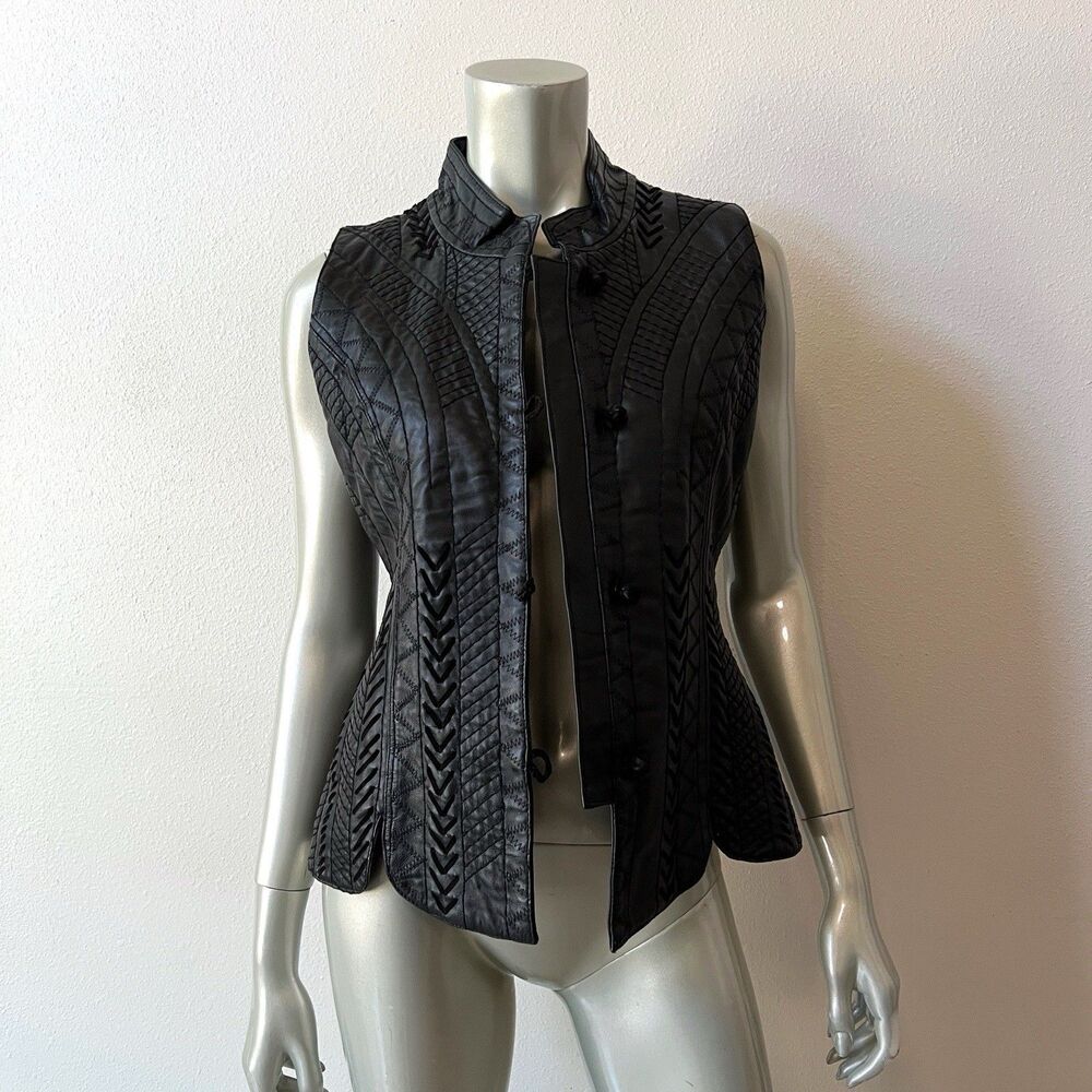 Vintage Margaret Godfrey Black  Leather Vest Women's Size 8 Laced Embroidered - Picture 2 of 6
